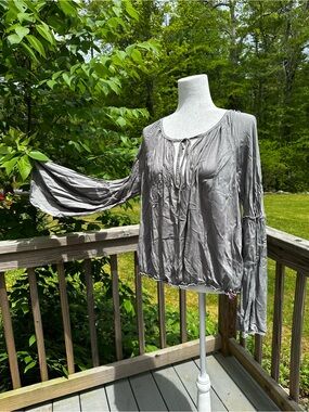 Women’s Hard Tail Bell Sleeve Gray Peasant Blouse - Lightweight Tie-Neck Top